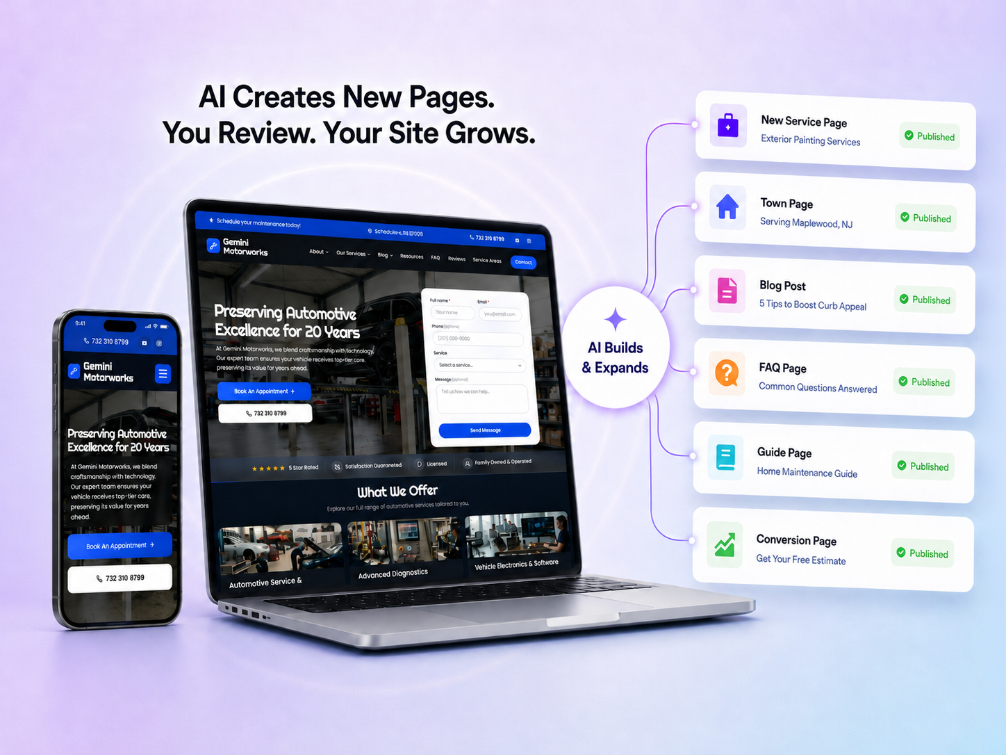 AI Creates New Pages, You Review, Your Site Grows: a local service website with AI-published service, town, blog, FAQ, guide, and conversion pages